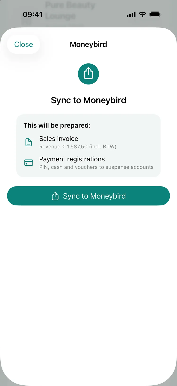 The Sync to Moneybird screen for a locked month: This will be prepared - Sales invoice with revenue € 1.587,50 (incl. BTW) and Payment registrations for PIN, cash and vouchers to suspense accounts, with the Sync to Moneybird button below.