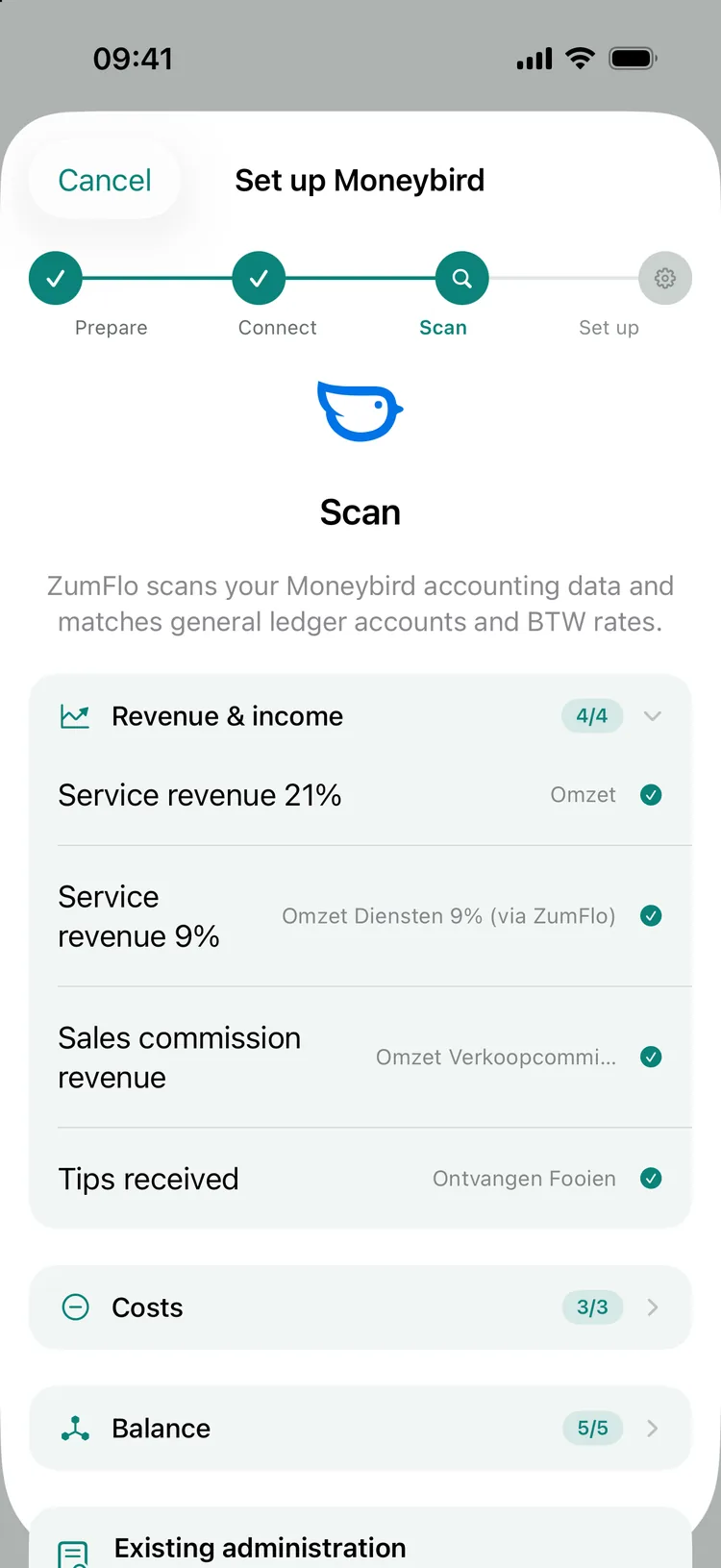 The Set up Moneybird wizard at the Scan step: under Revenue & income, Service revenue 21%, Service revenue 9%, Sales commission revenue and Tips received are each matched to an account in Moneybird (4/4), with Costs 3/3 and Balance 5/5.