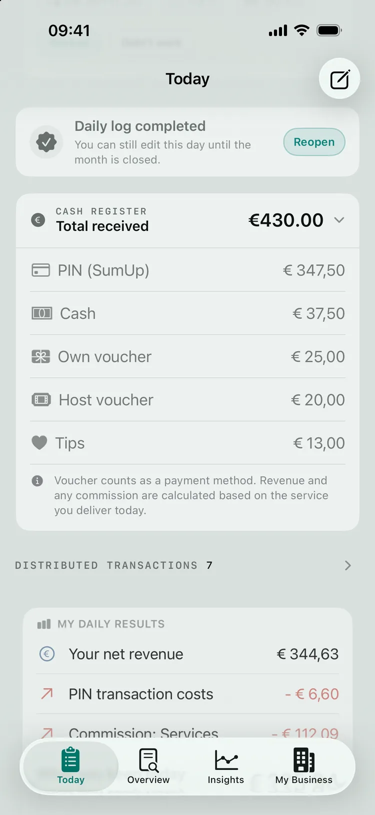 The expanded CASH REGISTER card with Total received €430.00 and the rows PIN (SumUp) € 347,50, Cash, Own voucher, Host voucher and Tips, with My daily results and PIN transaction costs below.