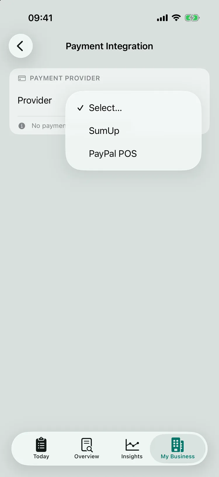 The Payment Integration screen with the Payment Provider card and the Provider menu open: Select…, SumUp and PayPal POS.