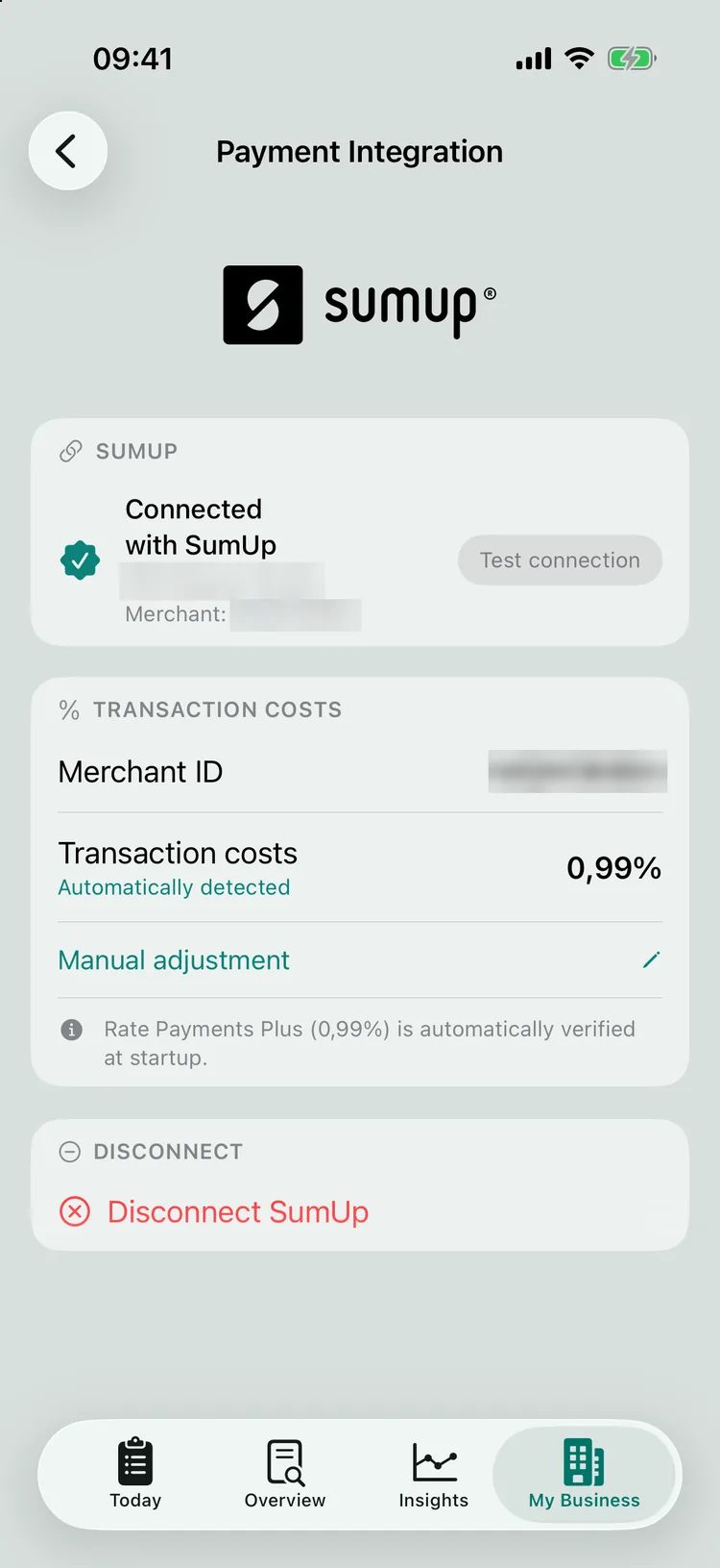 The Payment Integration screen after connecting: Connected with SumUp with the Test connection button, the Transaction costs card with Merchant ID and 0.99% automatically detected. Business name and merchant code have been made unreadable.