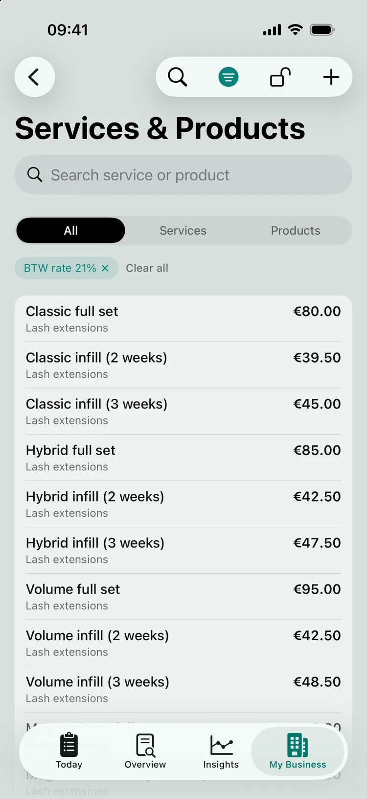 The Services & Products list, filtered on BTW rate 21%, showing the price and group for each service.