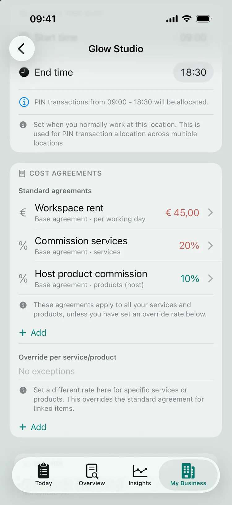 The cost agreements for Glow Studio: workspace rent of €45 per workday, 20% commission on services and 10% on host products.