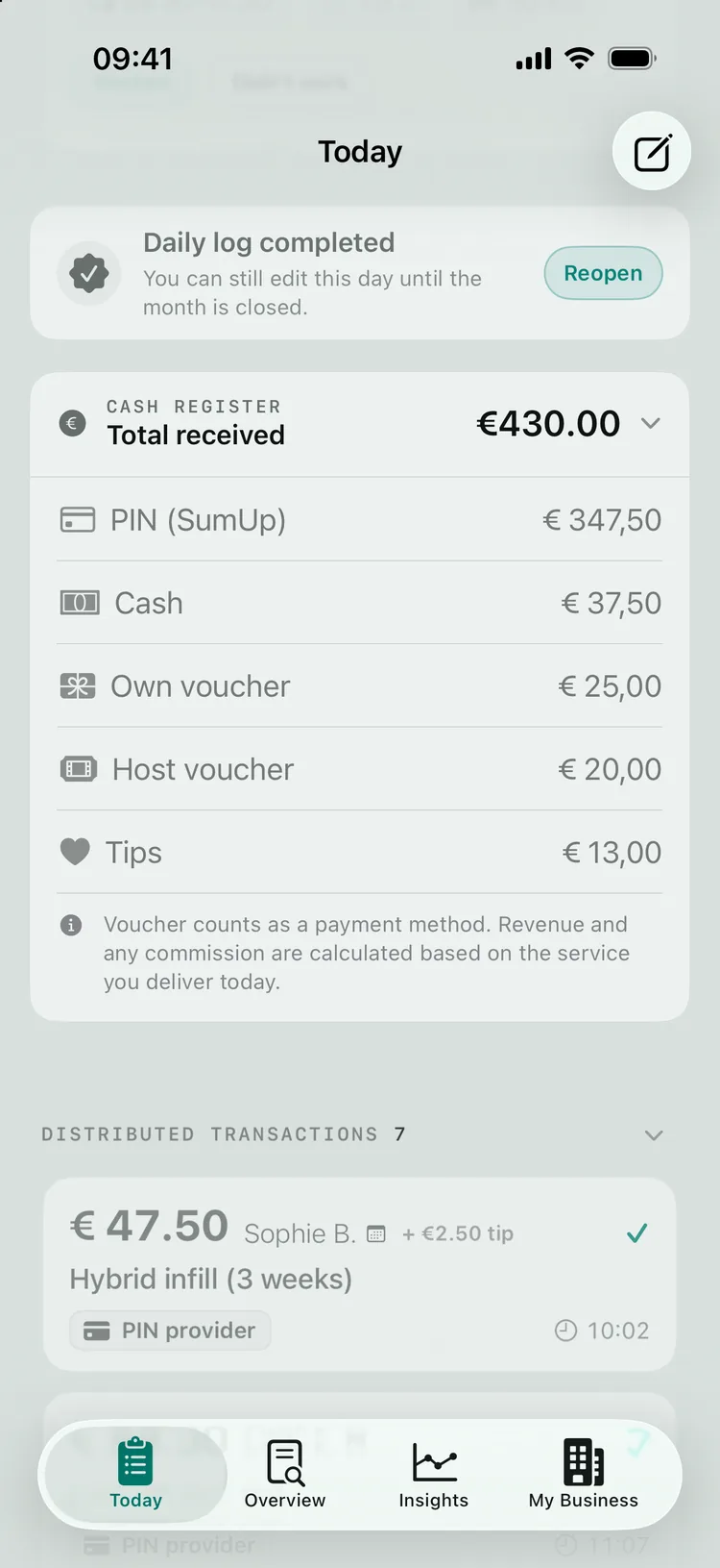 The day&rsquo;s cash register: PIN (SumUp), cash, own and host vouchers and tips, with the distributed payments below.