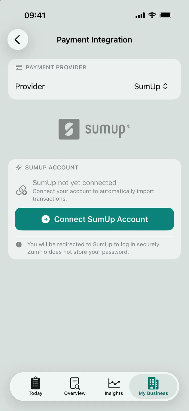 The Payment Integration screen with SumUp selected and the Connect SumUp Account button.