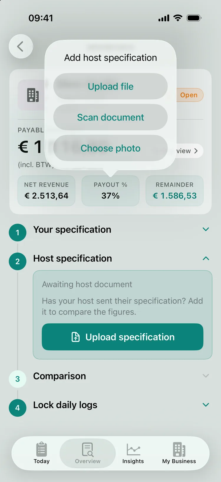 The choice for adding the host&rsquo;s specification: upload a file, scan a document or choose a photo.
