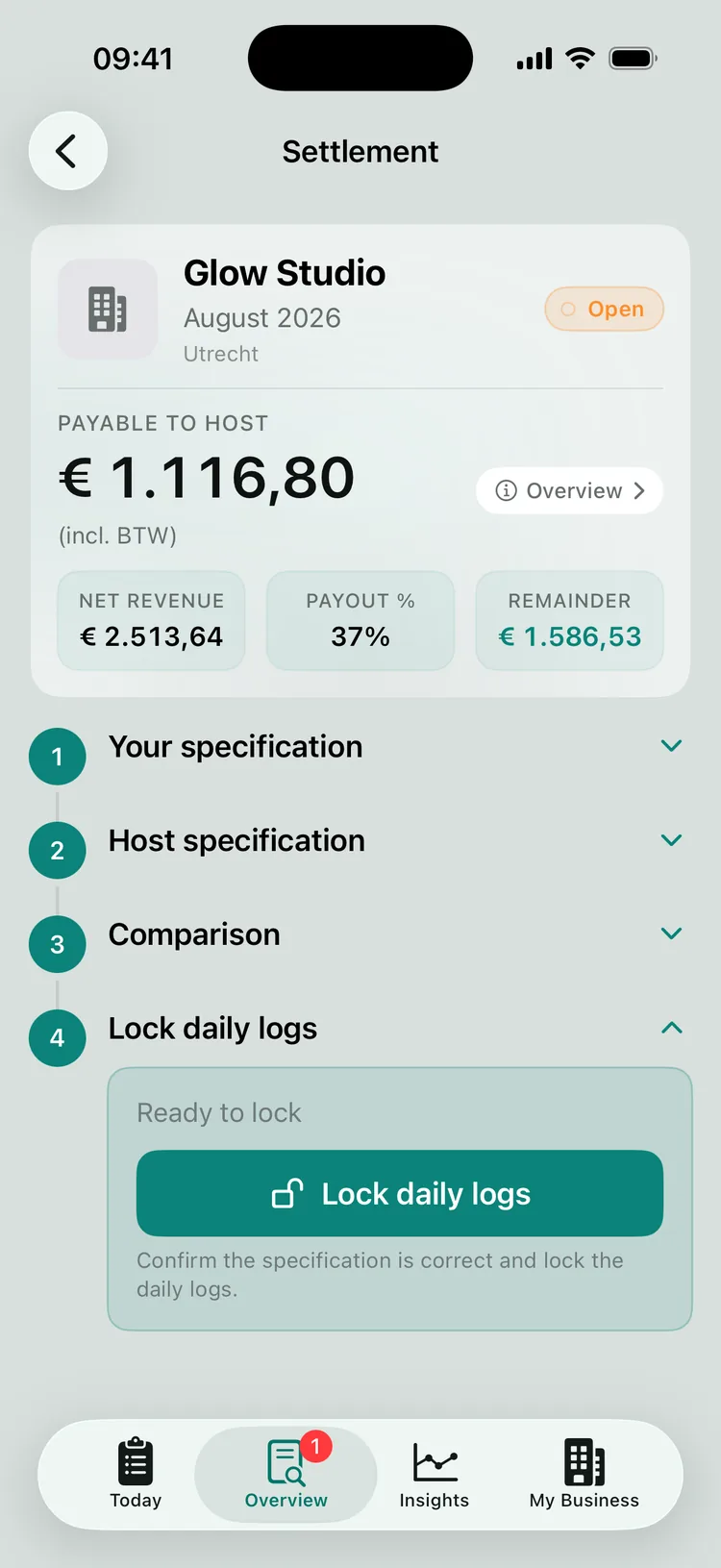 The August closing for Glow Studio: step 4 Lock daily logs, ready to lock.
