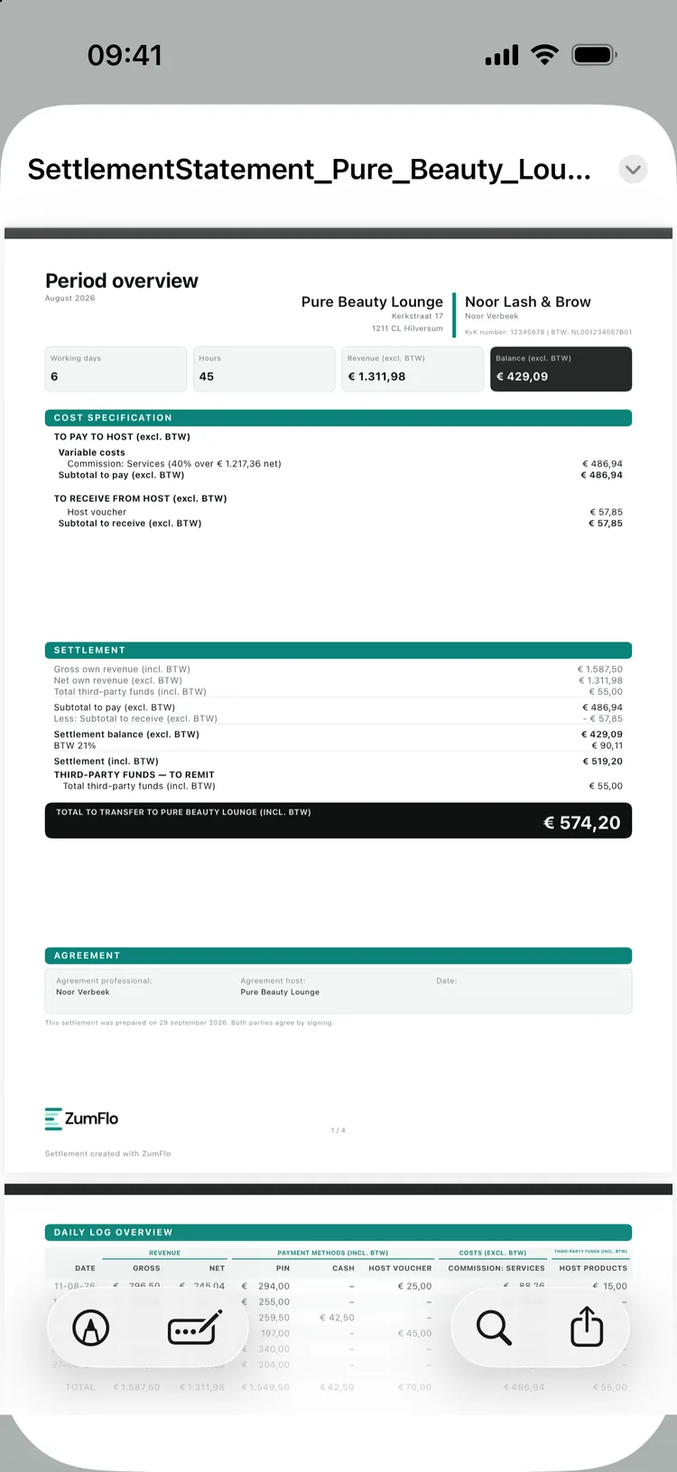 The August period overview for Pure Beauty Lounge: cost breakdown, settlement and the total that goes to the host.