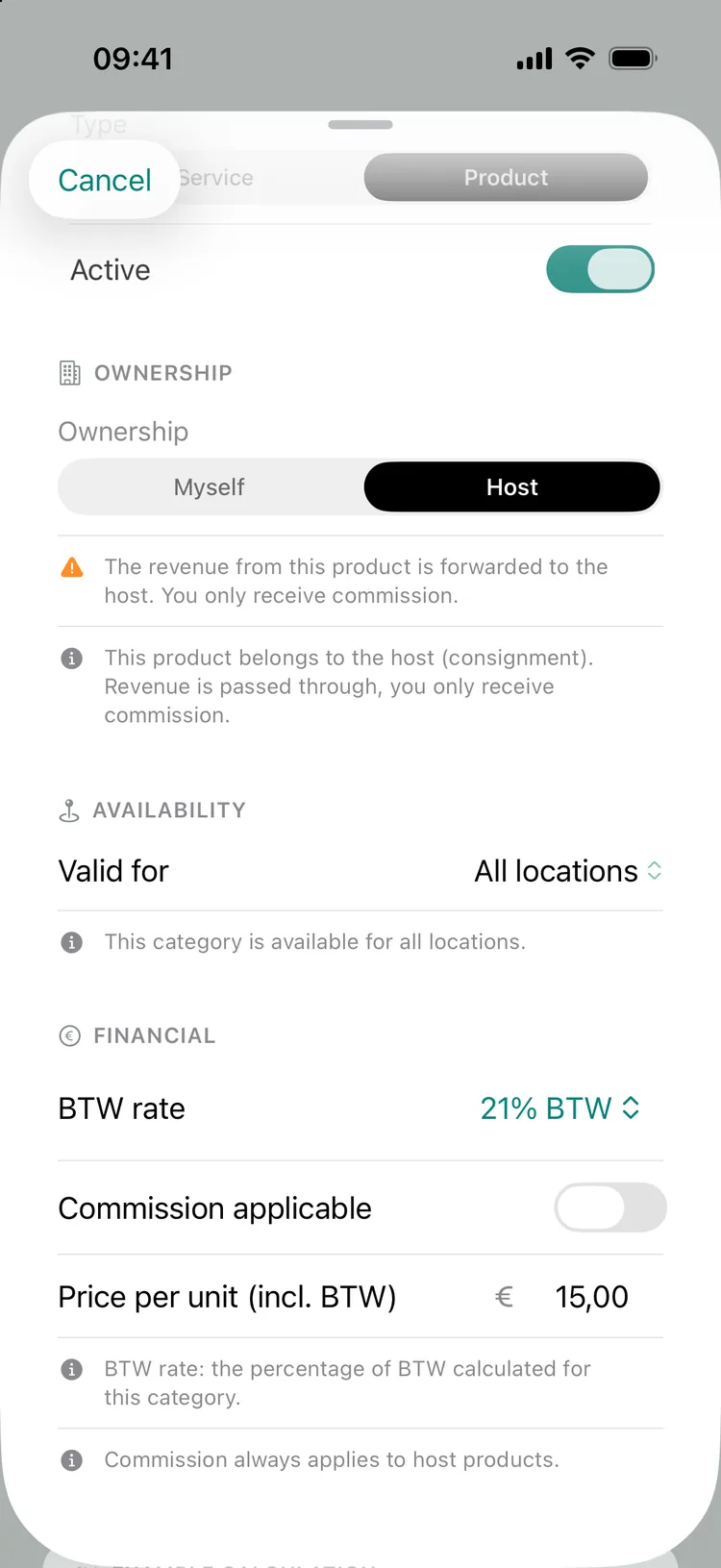 A host product (Aftercare kit): ownership Host, BTW rate 21% and price per unit.