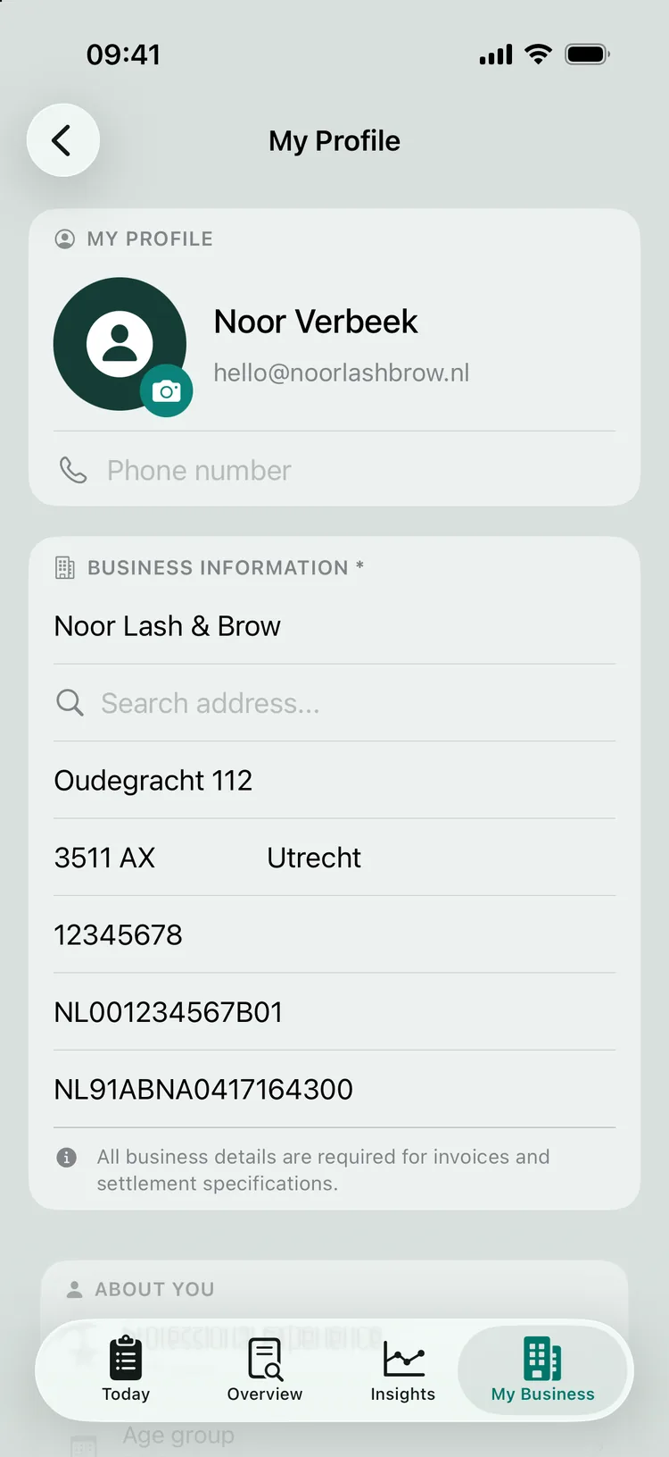The My Profile screen with name, email and the business details: company name, address, KVK number, BTW number and IBAN.