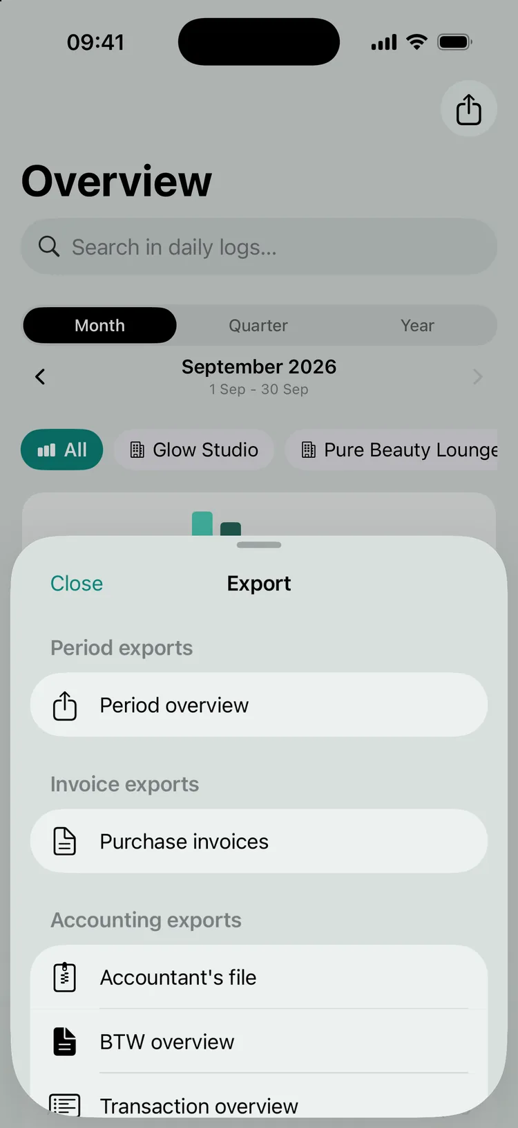 The Export menu in Overview with period exports, purchase invoices and the accounting exports.