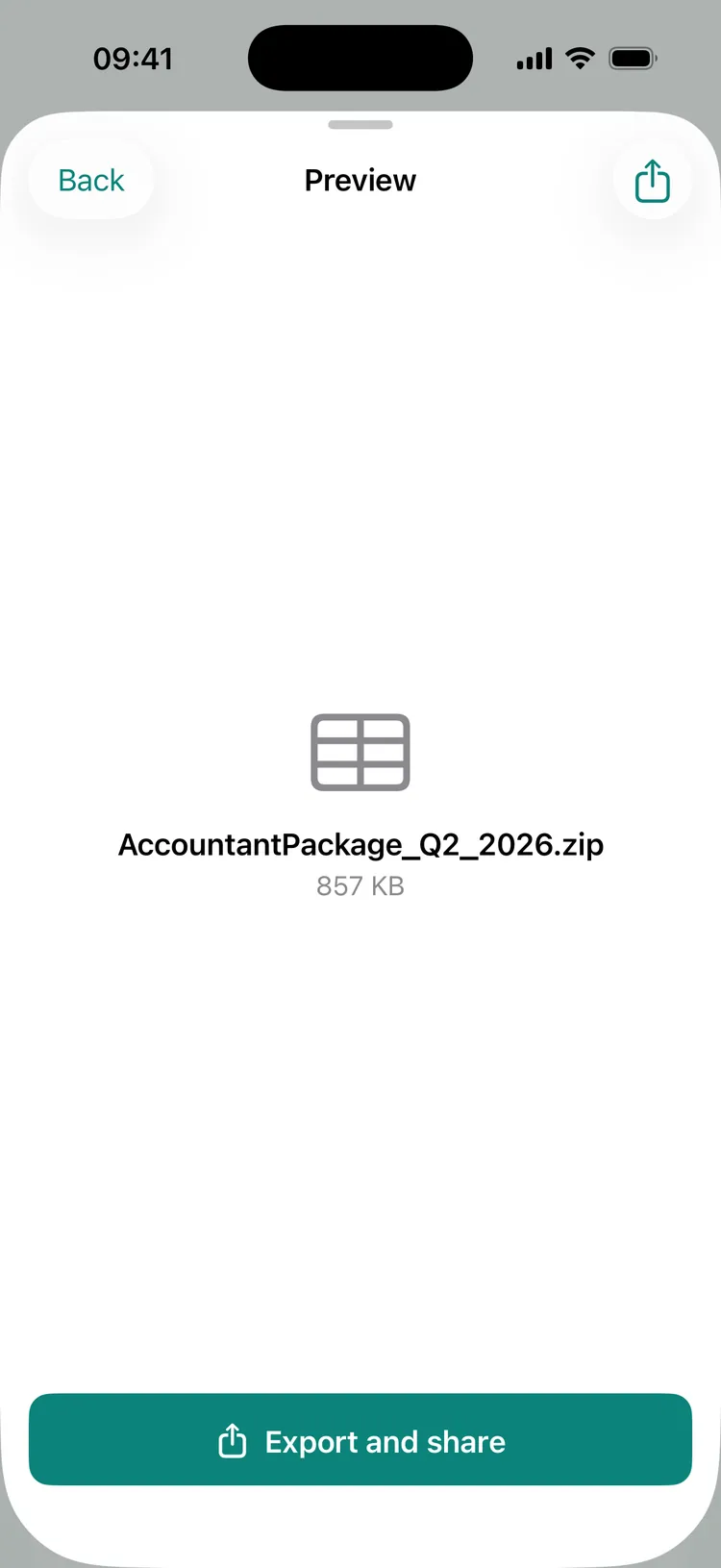 The generated accountant&rsquo;s file for the second quarter, ready to export and share.