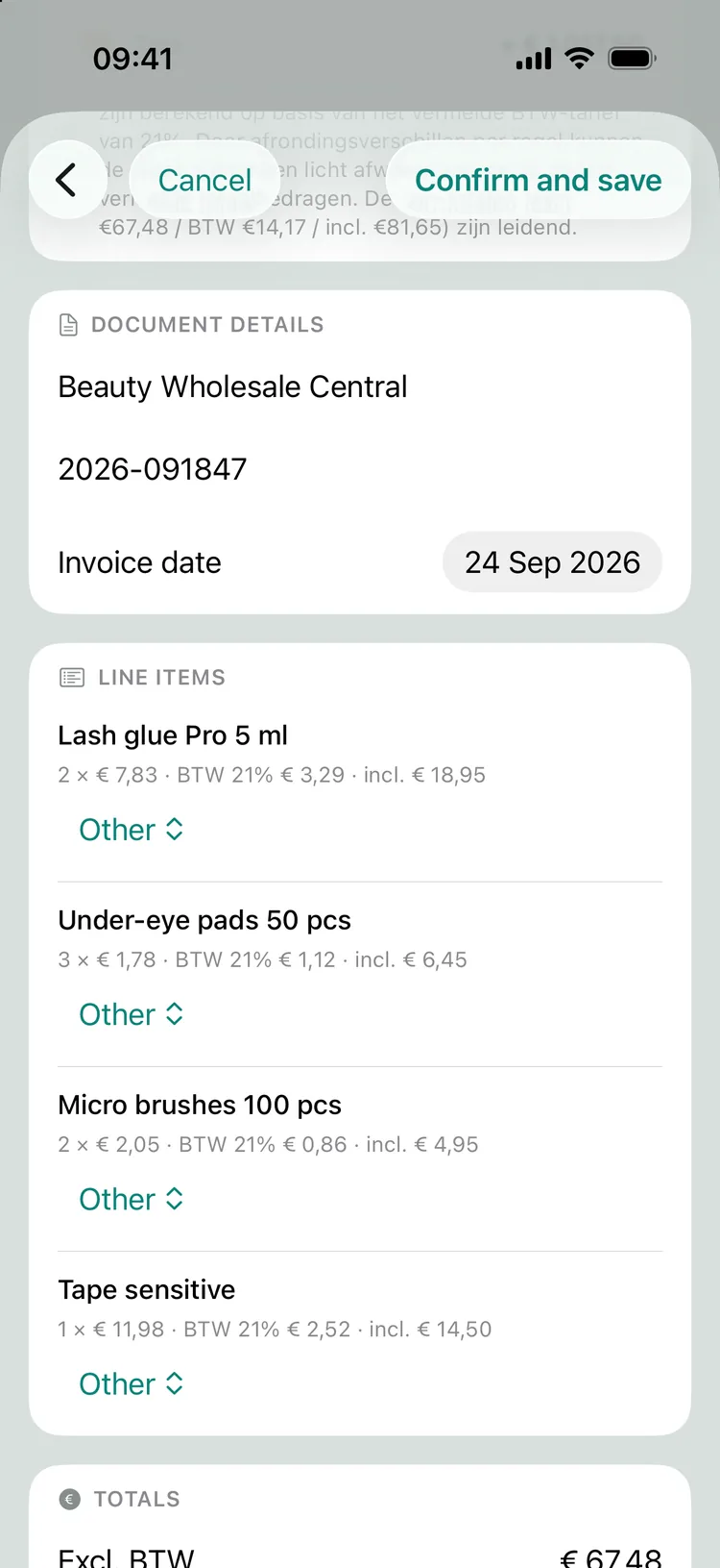 A scanned receipt from a wholesaler: the supplier, receipt number, date and the amount and BTW per line have been read out.