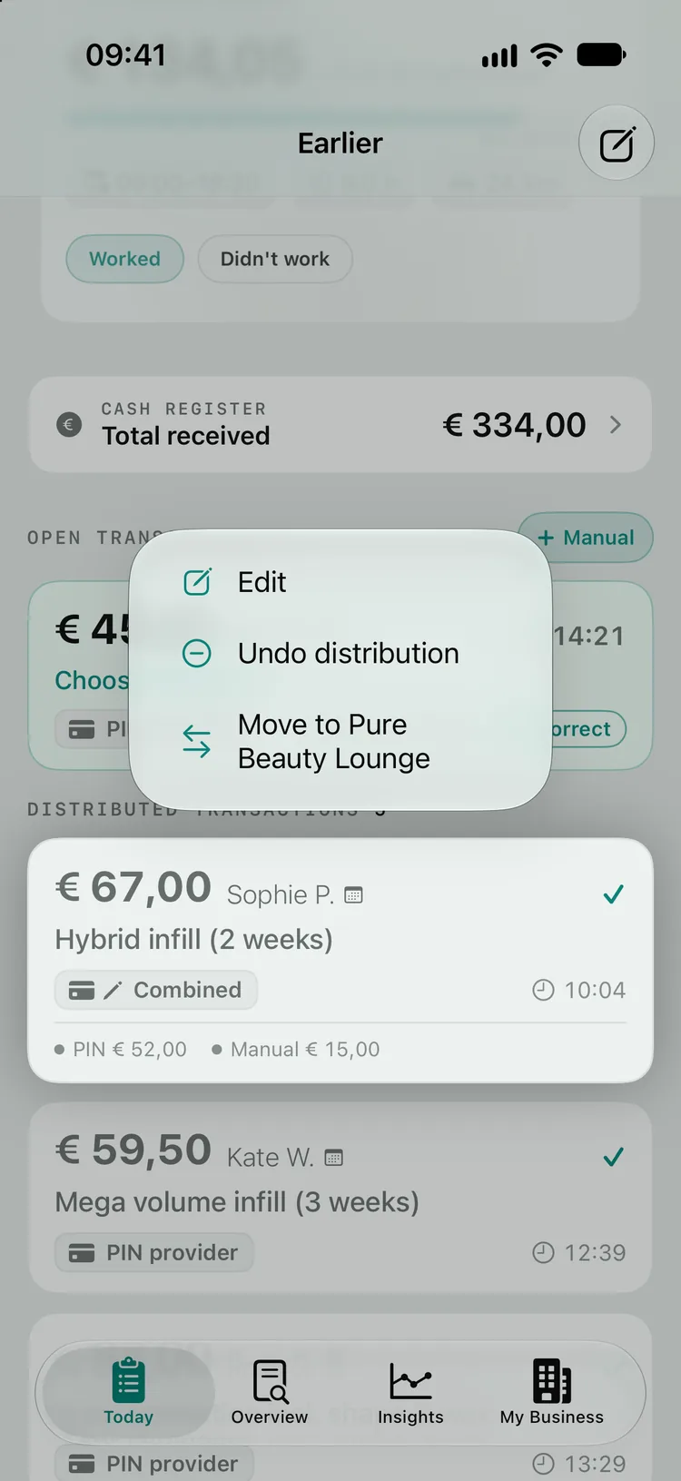 A combined transaction from Sophie P. (€ 67,00) pressed and held, with the menu Edit, Undo distribution and Move to Pure Beauty Lounge.