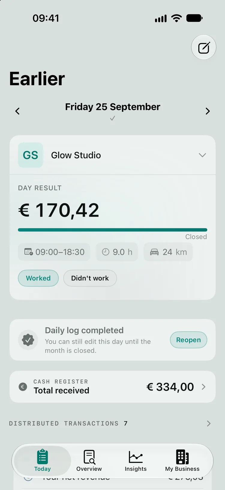 A closed day: the Day result heading with € 170,42 and the Closed bar, and below it the Daily log completed banner - You can still edit this day until the month is closed - with the Reopen button.