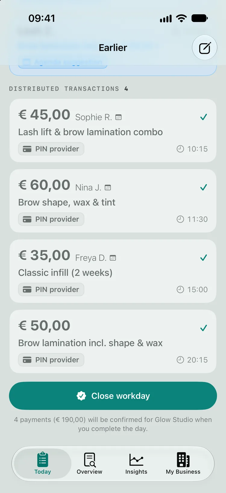 Four distributed payments at Glow Studio and the Close workday button, with the line 4 payments (€ 190,00) will be confirmed for Glow Studio when you complete the day.