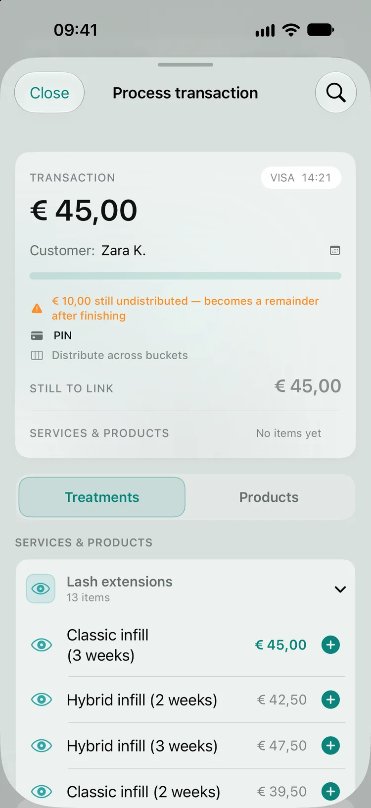 The picker for a € 45,00 payment: Classic infill (3 weeks) is at the top with its price of € 45,00 in teal.