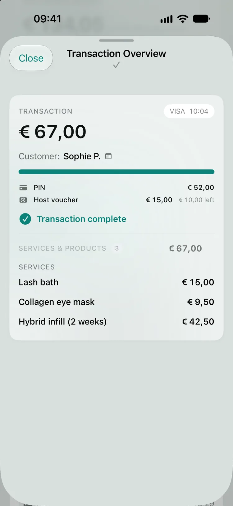 The Transaction Overview of the € 67,00 combined payment: PIN € 52,00 and Host voucher € 15,00 (€ 10,00 left), Transaction complete, with three services.