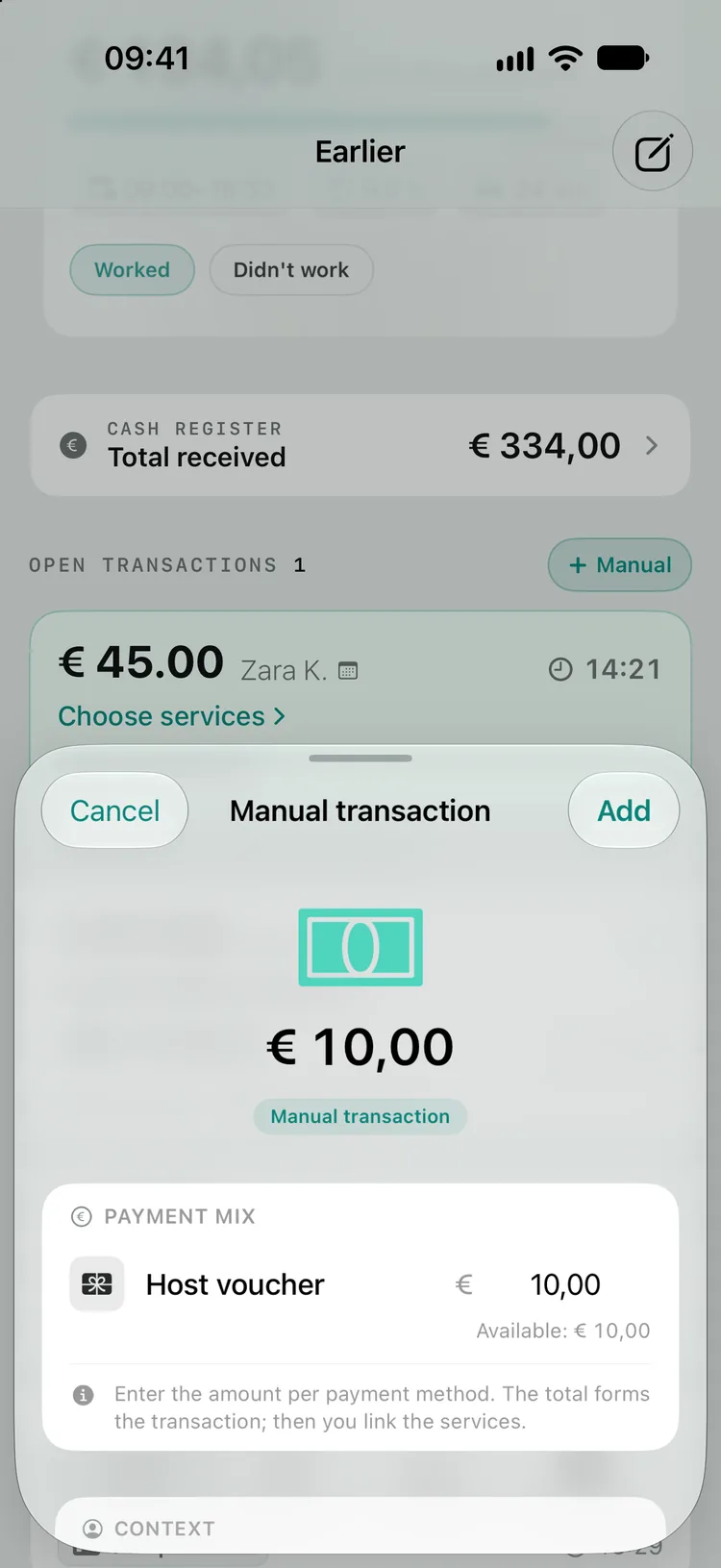 The Manual transaction sheet with a total of € 10,00: in the payment mix, Host voucher is set to € 10,00, with Available: € 10,00 below it.
