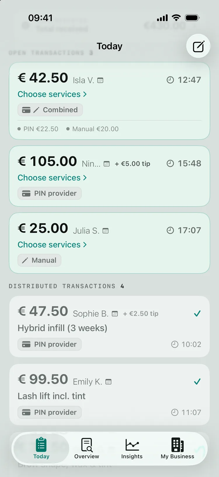 The Open transactions and Distributed transactions lists, with client names from the calendar and the source of each payment (PIN provider, Manual, Combined).