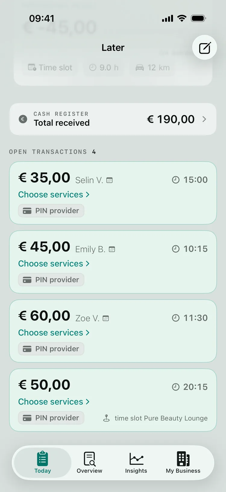 The worklist on Monday 5 October at Glow Studio, still without a day record: cash register € 190,00 and four open transactions from the PIN provider, each with Choose services - € 35,00 at 15:00, € 45,00 at 10:15, € 60,00 at 11:30 and € 50,00 at 20:15. The € 50,00 one at 20:15 shows the label time slot Pure Beauty Lounge.