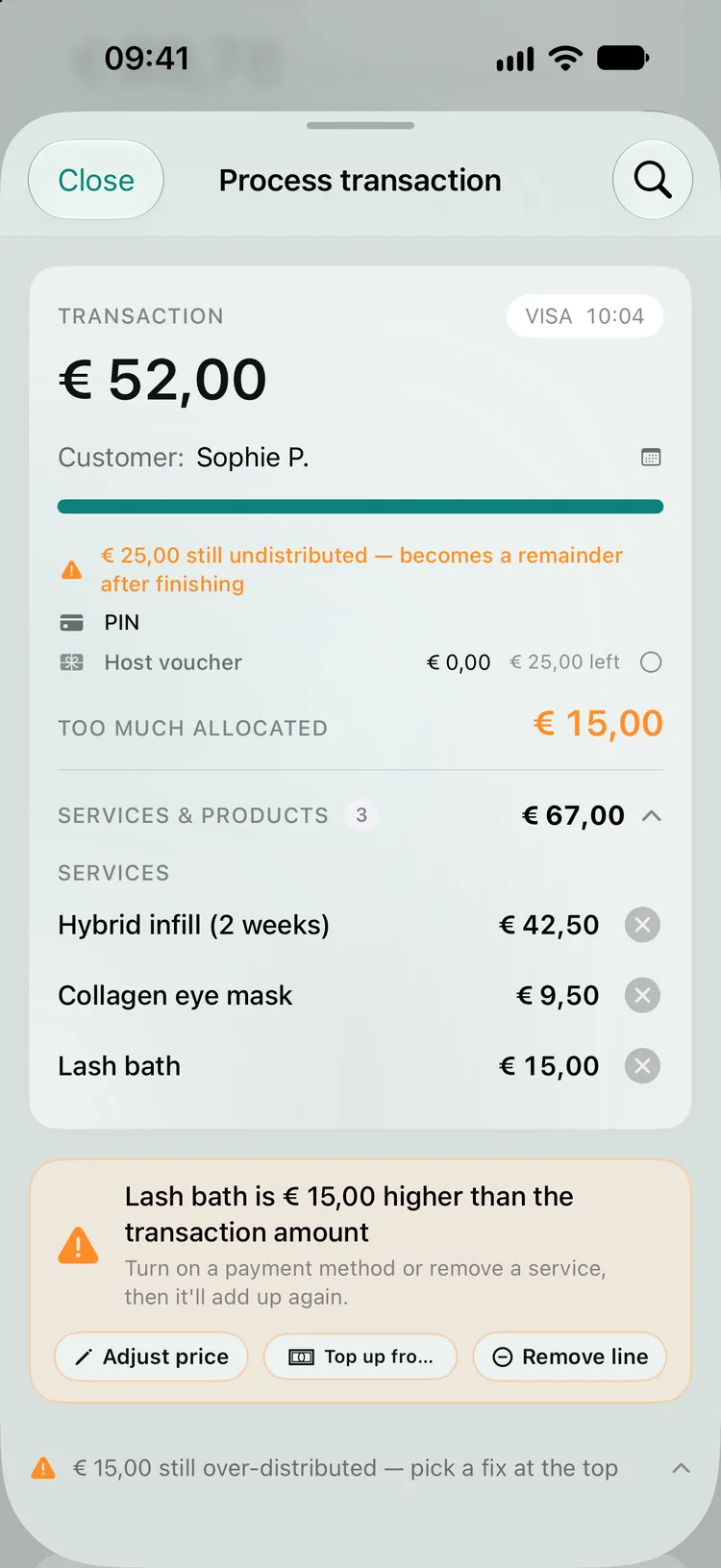 Too much allocated: services worth € 67,00 have been chosen for a € 52,00 card payment. An orange card says Lash bath is € 15,00 higher than the transaction amount, with the buttons Adjust price, Top up from till and Remove line.