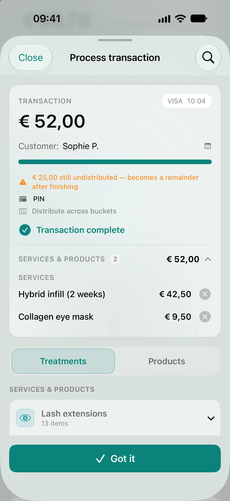 Transaction complete: the € 52,00 payment is distributed over Hybrid infill (2 weeks) € 42,50 and Collagen eye mask € 9,50, with the Got it button at the bottom.