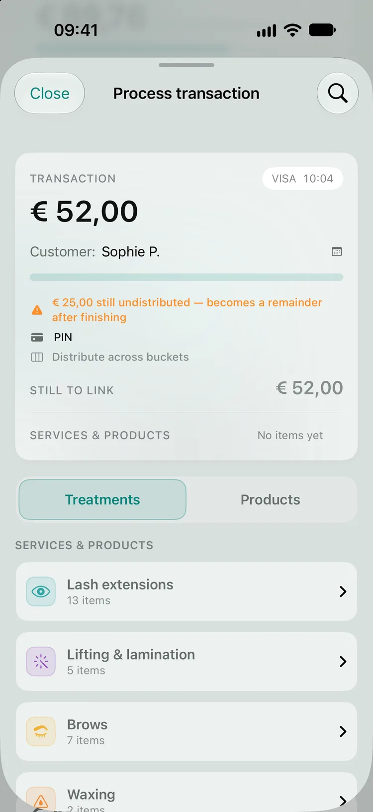 The Process transaction sheet for a € 52,00 card payment from Sophie P. at 10:04: still to link € 52,00, with the groups Lash extensions, Lifting & lamination, Brows and Waxing below.