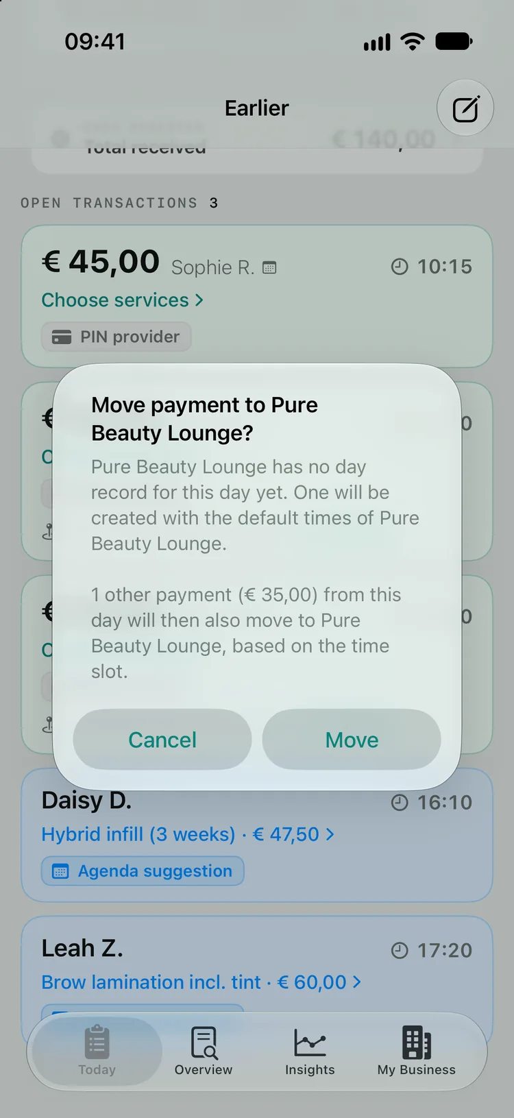 The confirmation Move payment to Pure Beauty Lounge?: Pure Beauty Lounge has no day record for this day yet and gets one with its default times, and 1 other payment (€ 35,00) from this day will also move, based on the time slot. With the buttons Cancel and Move.