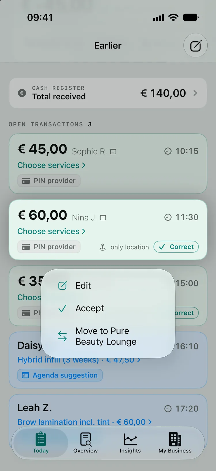 A card payment from Nina J. (€ 60,00, 11:30) pressed and held, with the menu Edit, Accept and Move to Pure Beauty Lounge.