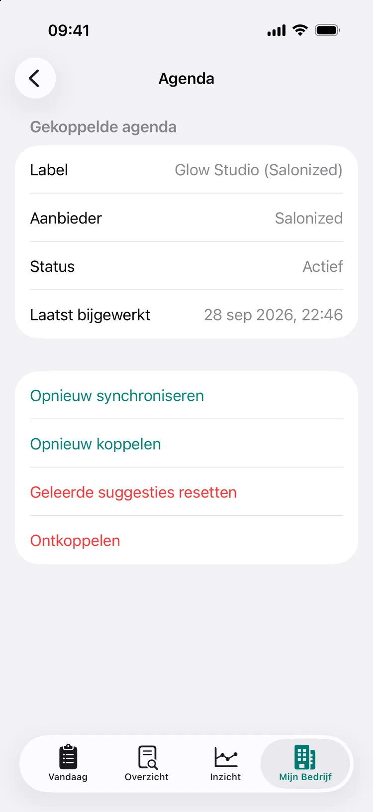 Het agendascherm van Glow Studio: gekoppelde Salonized-agenda met status Actief en het tijdstip van de laatste update.