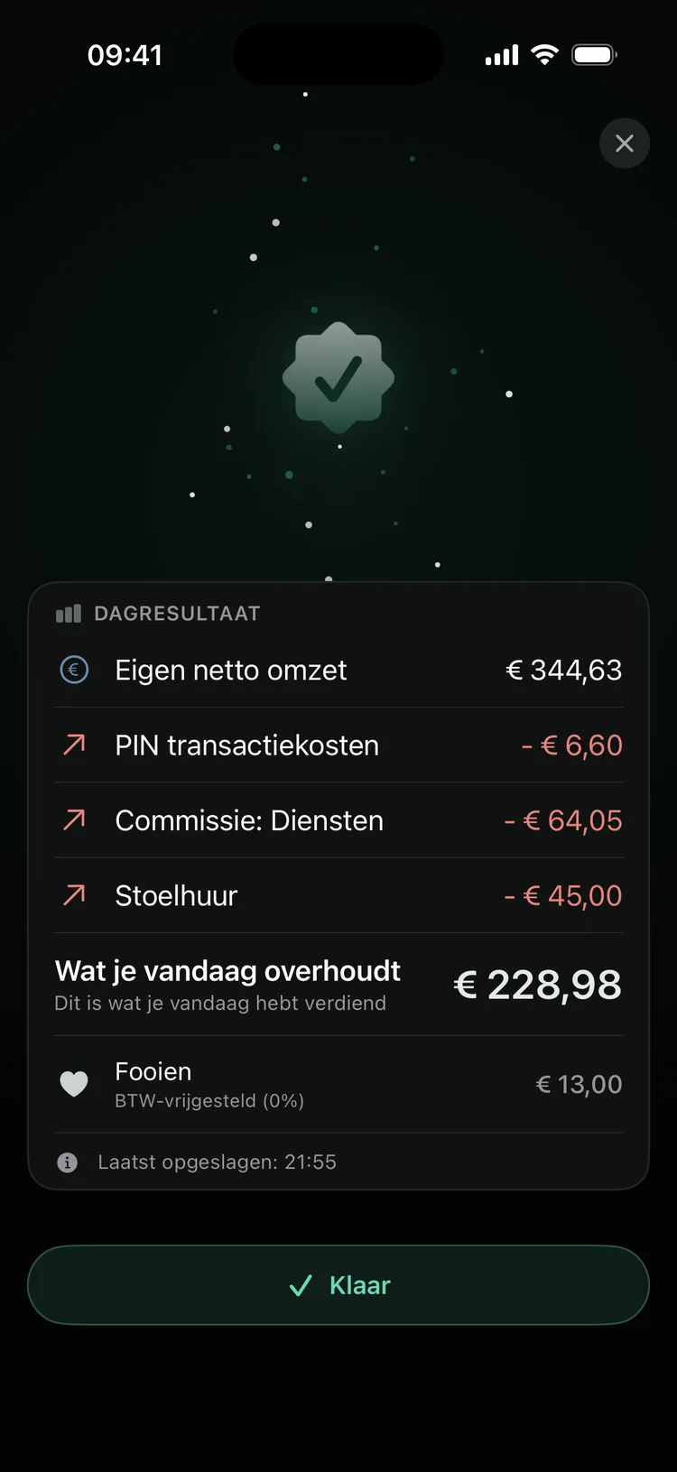 Het scherm na het afronden van de werkdag, met het netto dagresultaat.