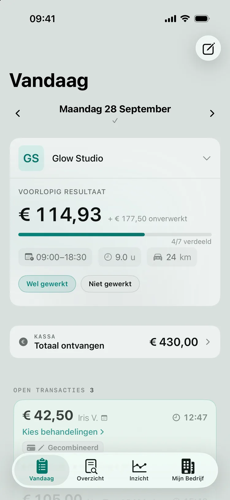 De werkdag-kaart bovenaan Vandaag met het voorlopig resultaat, de voortgangsbalk en de tegels voor tijdslot, uren en kilometers.