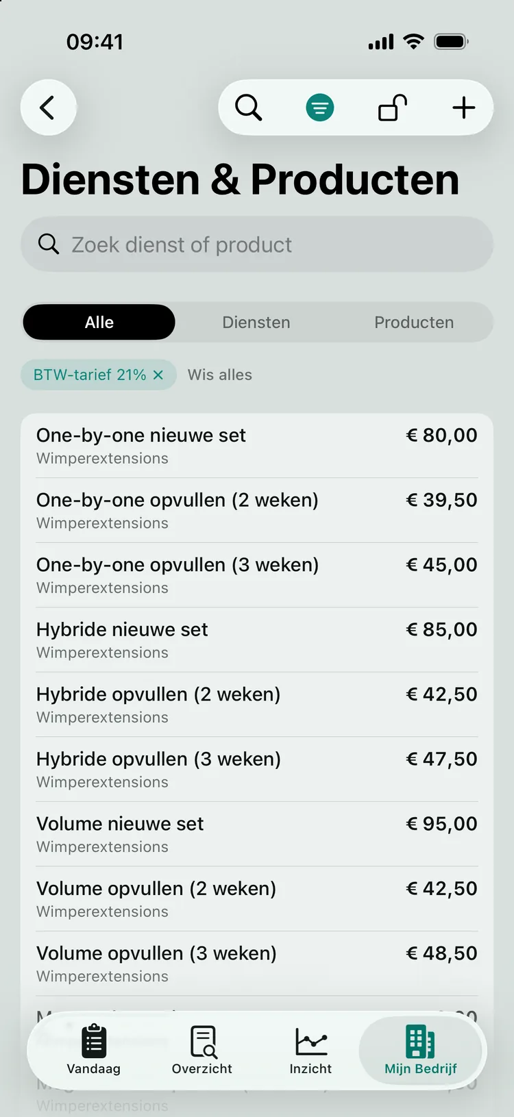 De lijst Diensten & Producten, gefilterd op 21% BTW, met per behandeling de prijs en de groep.