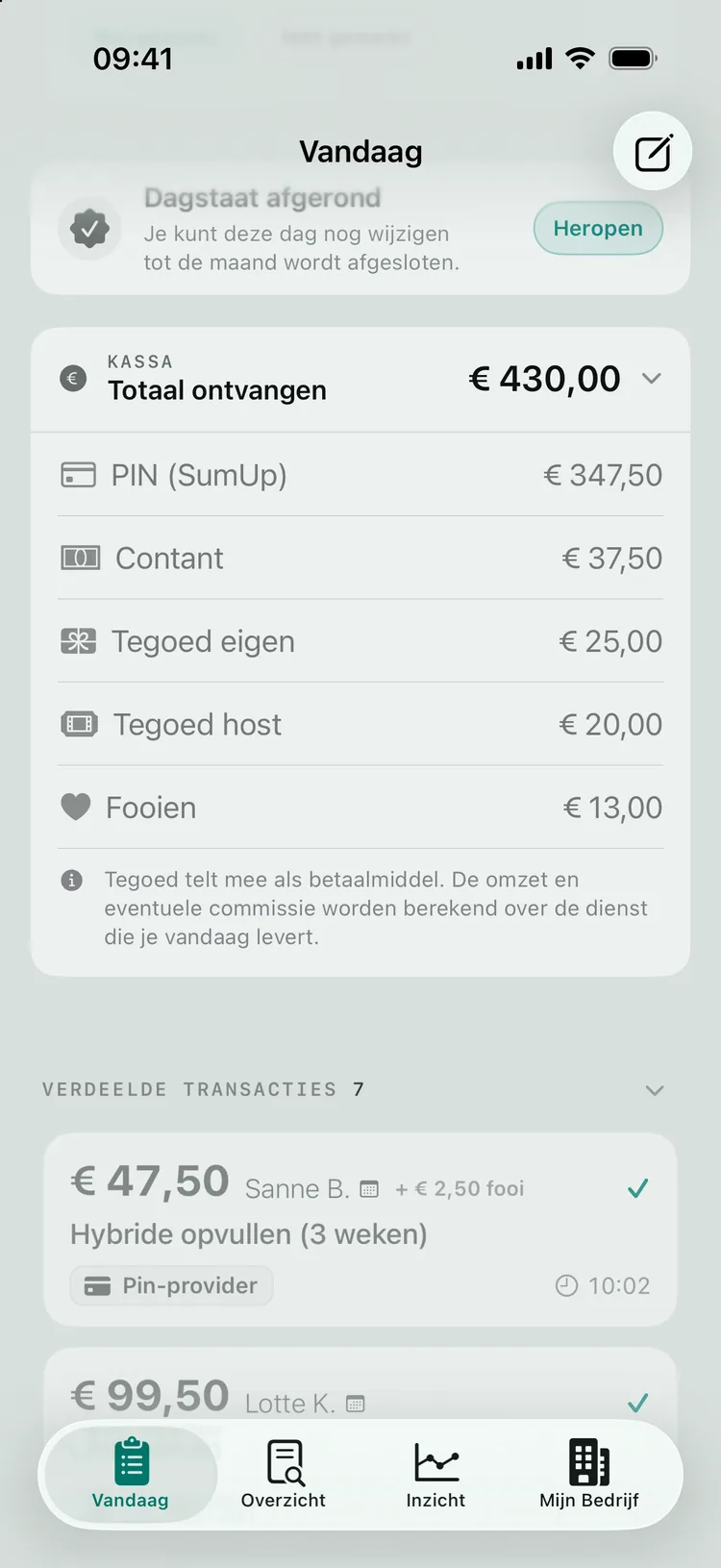 De kassa van de dag: PIN via SumUp, contant, tegoed en fooien, met daaronder de verdeelde kaartbetalingen.