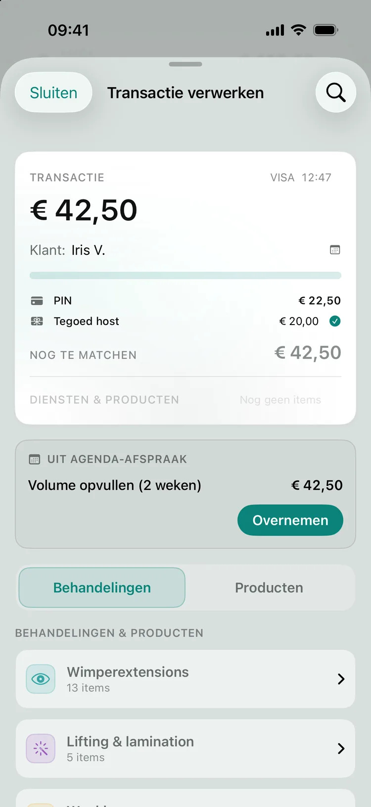 Een gecombineerde betaling: € 42,50 verdeeld over PIN en tegoed van de host, met het voorstel uit de agenda.