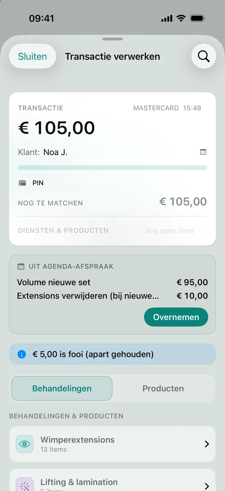 Een pinbetaling met het voorstel uit de agenda-afspraak: de behandelingen van het agenda-blok staan al klaar om over te nemen.
