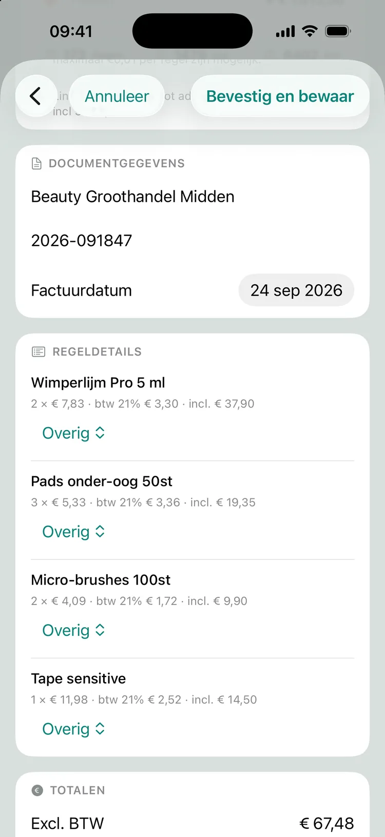 Een gescande bon van een groothandel: leverancier, bonnummer, datum en per regel het bedrag en de BTW zijn uitgelezen.