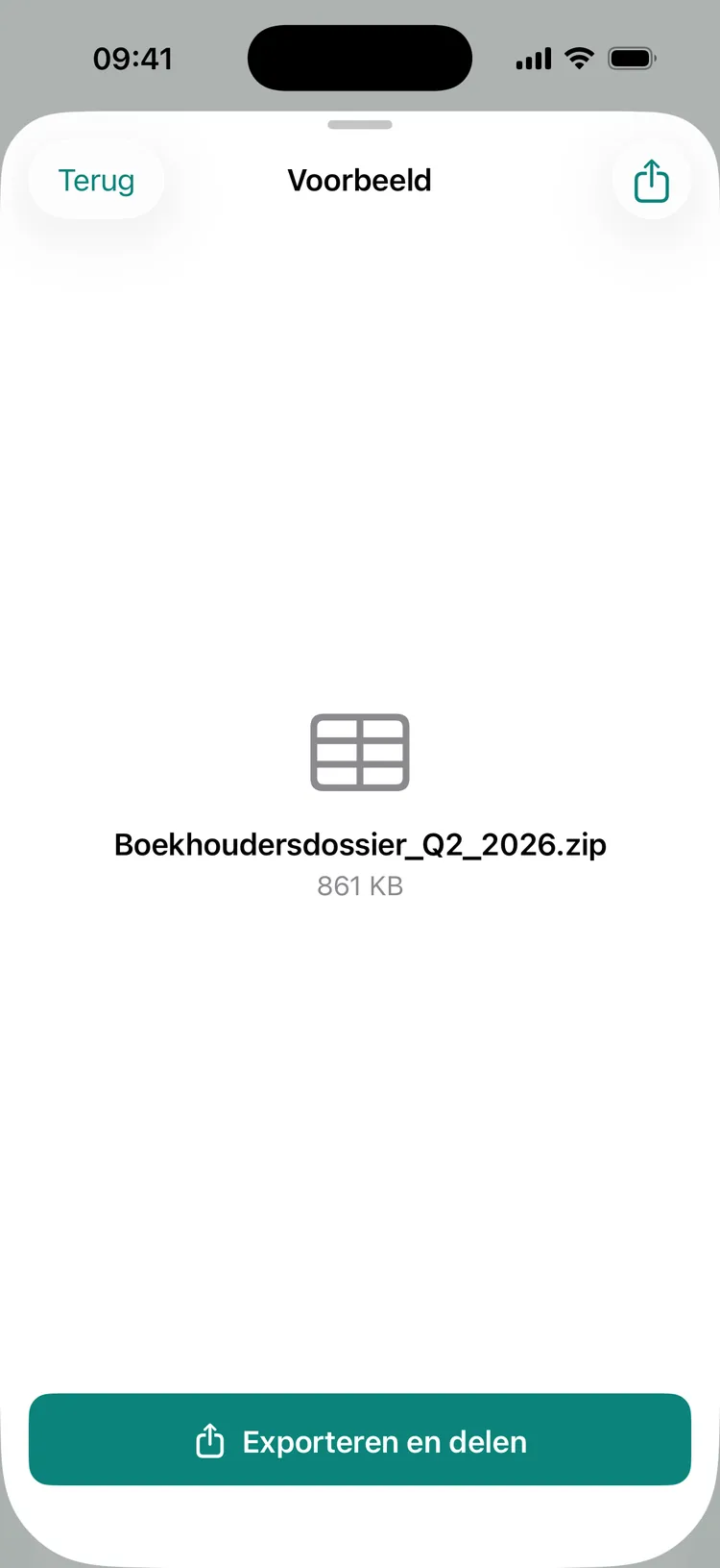 Het gegenereerde boekhoudersdossier voor het tweede kwartaal, klaar om te exporteren en te delen.