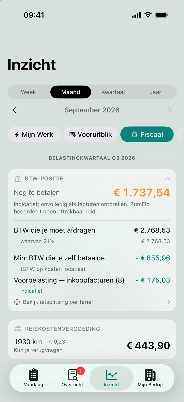 De uitgeklapte BTW-positie: BTW die je moet afdragen, min de BTW op kosten van de locaties en de voorbelasting uit inkoopfacturen, met het geschatte saldo.