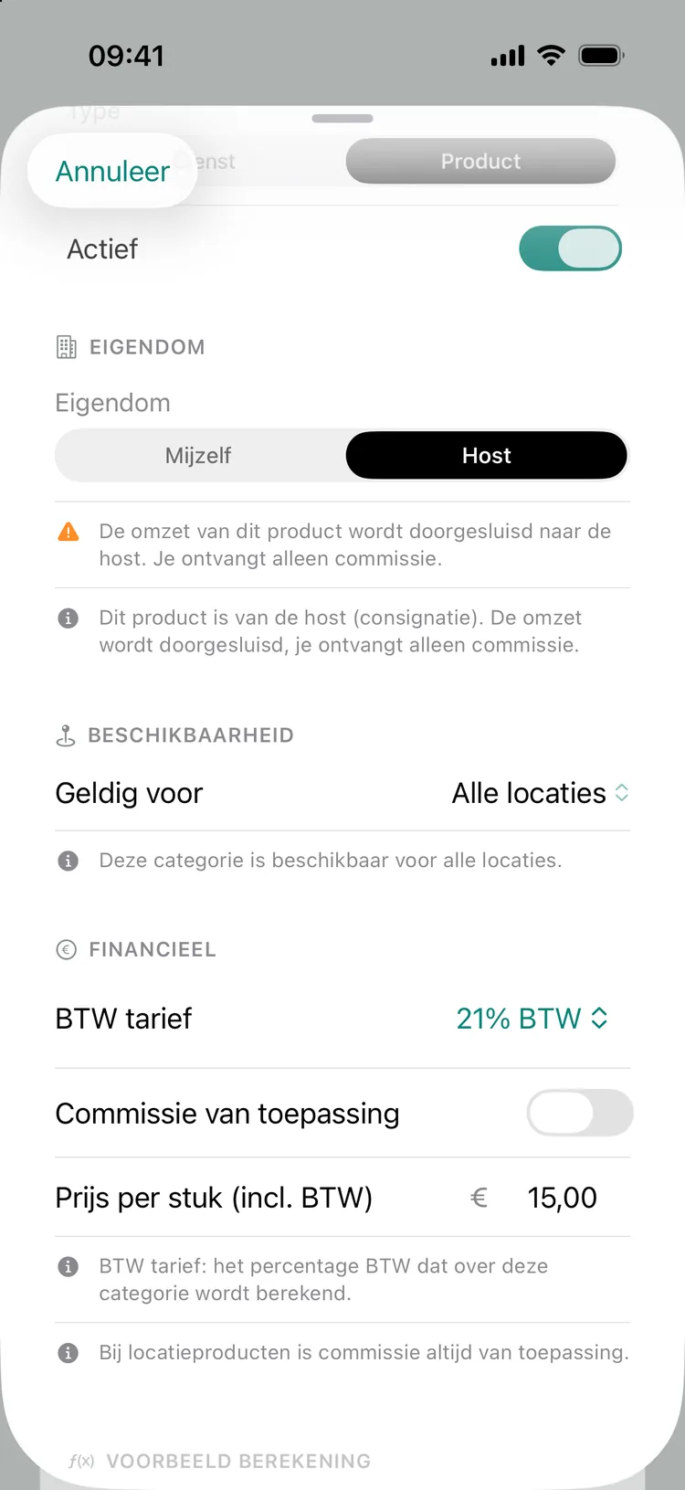 Een product van de host (Aftercare kit): eigendom Host, BTW-tarief 21% en prijs per stuk.