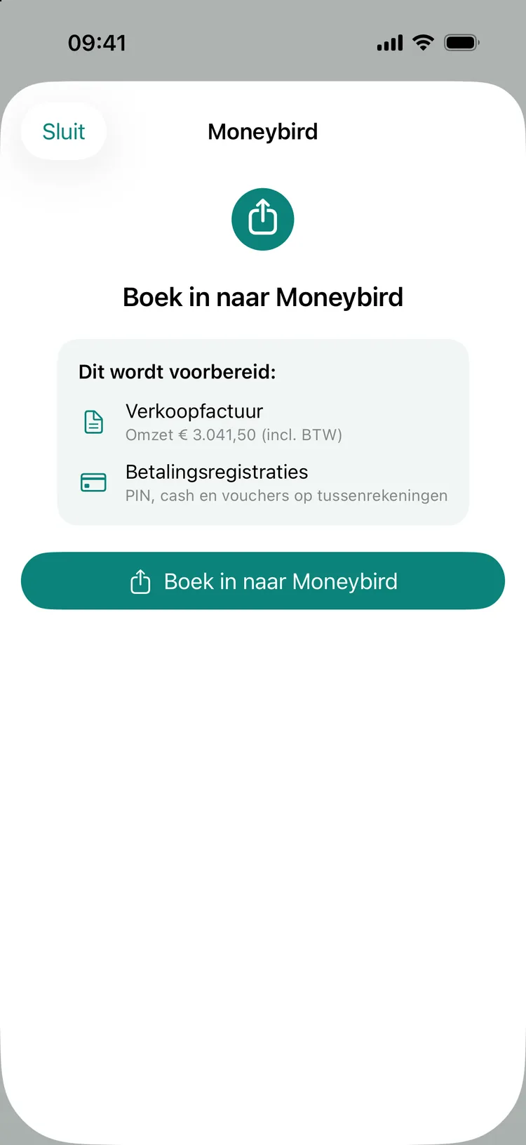 Het scherm Boek in naar Moneybird voor een vergrendelde maand: Dit wordt voorbereid - Verkoopfactuur met omzet € 3.041,50 (incl. BTW) en Betalingsregistraties voor PIN, cash en vouchers op tussenrekeningen, met daaronder de knop Boek in naar Moneybird.