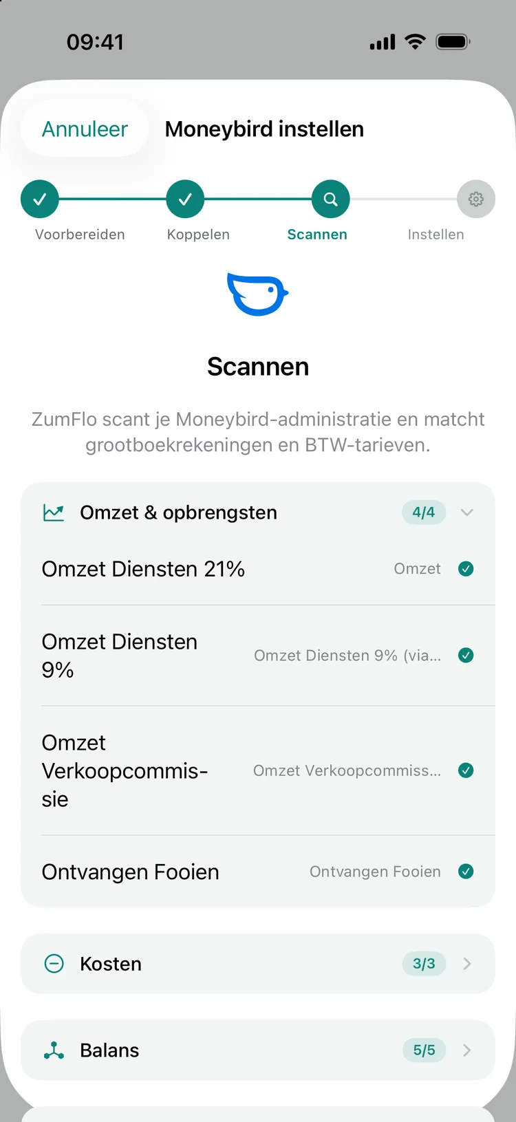 De wizard Moneybird instellen bij de stap Scannen: onder Omzet & opbrengsten zijn Omzet Diensten 21%, Omzet Diensten 9%, Omzet Verkoopcommissie en Ontvangen Fooien gematcht (4/4), Kosten 3/3 en Balans 5/5.