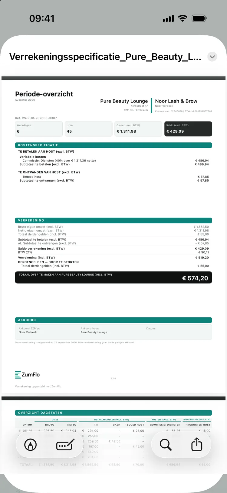 Het periode-overzicht van augustus voor Pure Beauty Lounge: kostenspecificatie, verrekening en het totaal dat naar de host gaat.