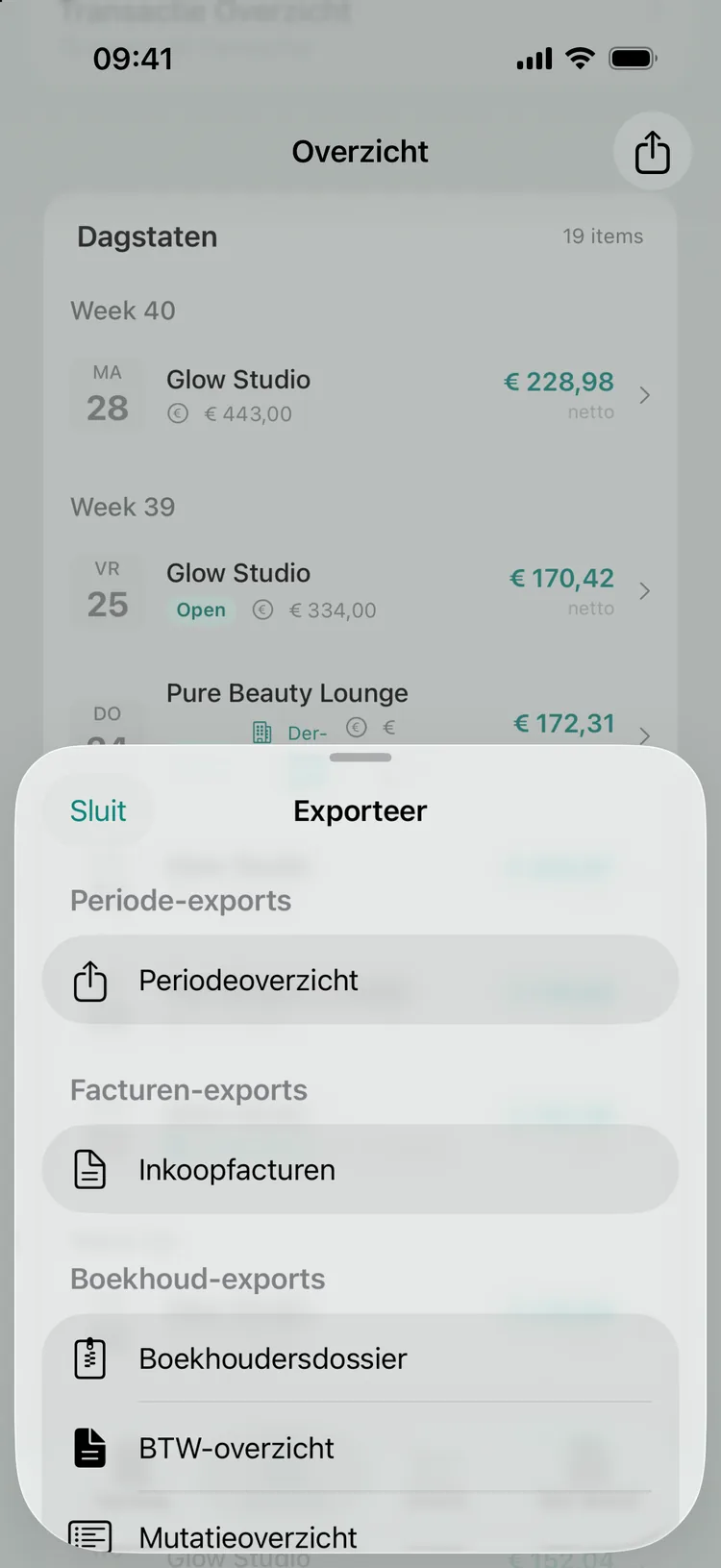 Het exporteer-menu in Overzicht met periode-exports, inkoopfacturen en de boekhoud-exports.