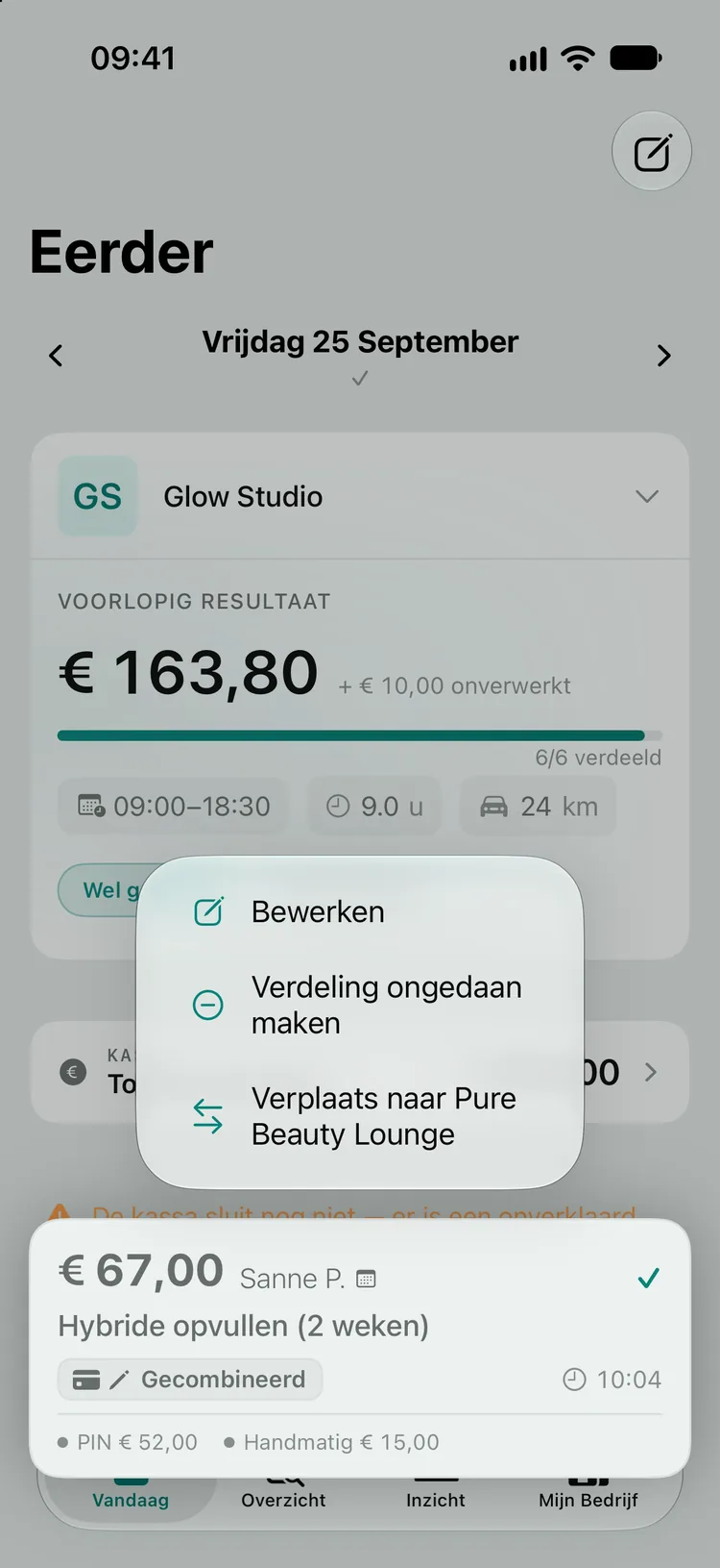 Een ingedrukte gecombineerde transactie van Sanne P. (€ 67,00) met het menu Bewerken, Verdeling ongedaan maken en Verplaats naar Pure Beauty Lounge.