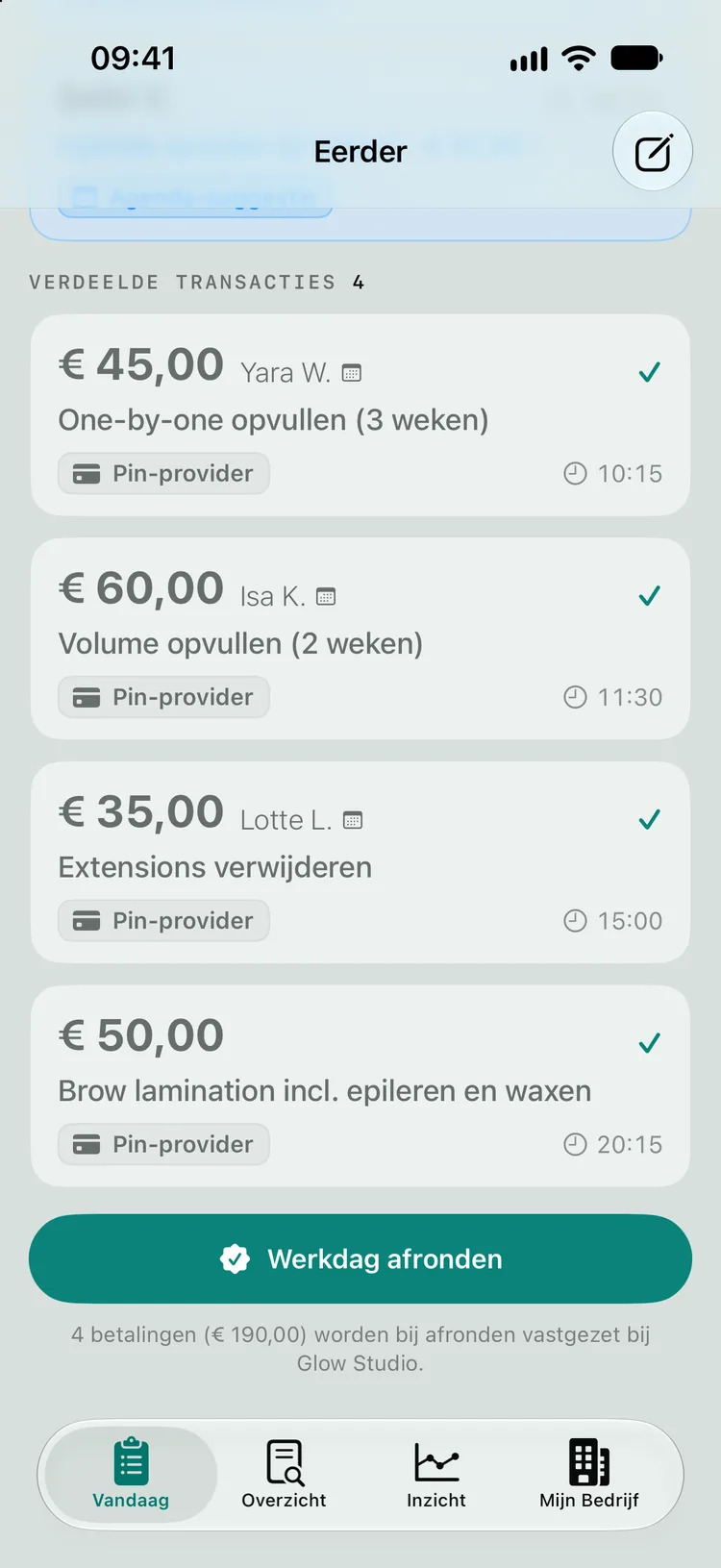 Vier verdeelde betalingen bij Glow Studio en de knop Werkdag afronden, met daaronder de regel 4 betalingen (€ 190,00) worden bij afronden vastgezet bij Glow Studio.