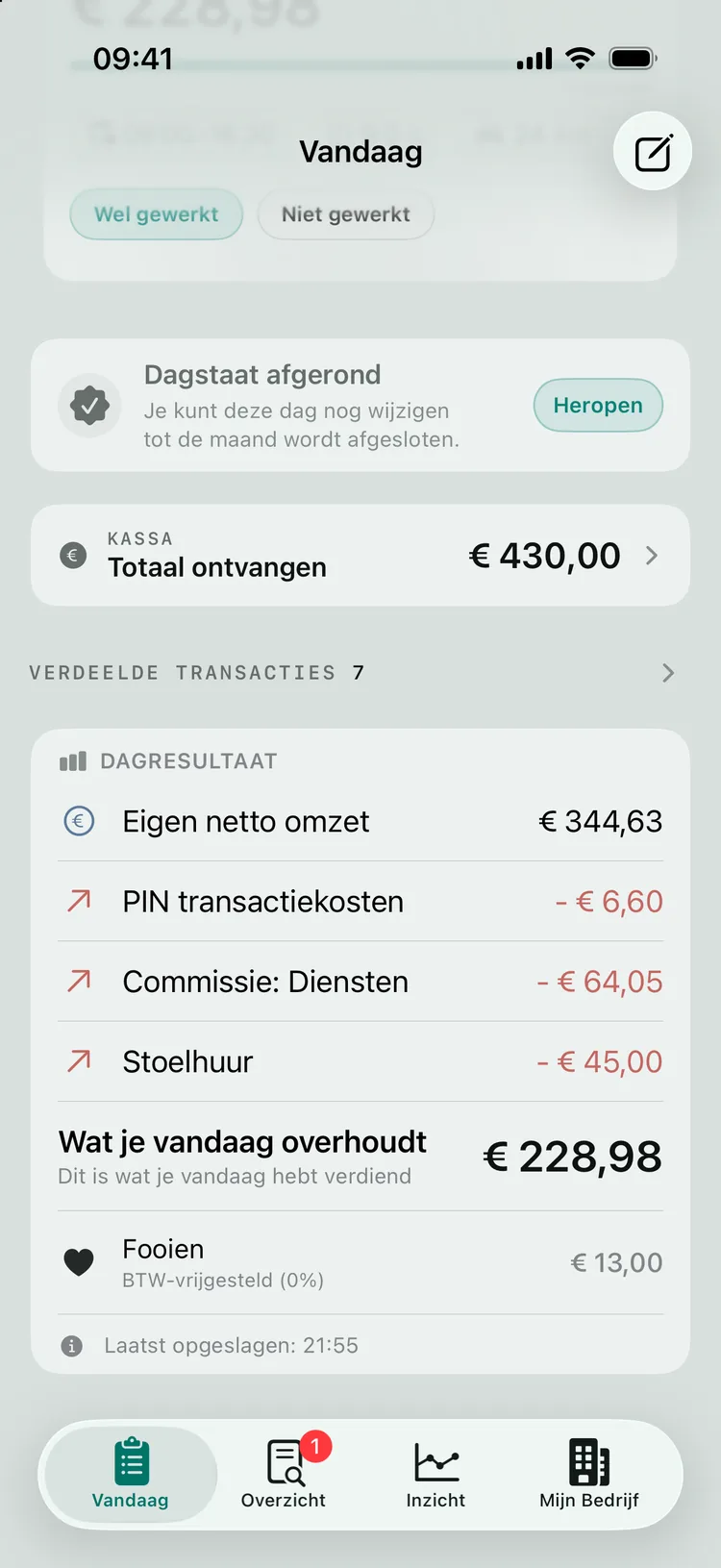 Een afgeronde werkdag met het Dagresultaat: eigen netto omzet, kosten en inkomsten met de host en wat je vandaag overhoudt, met de fooi apart.