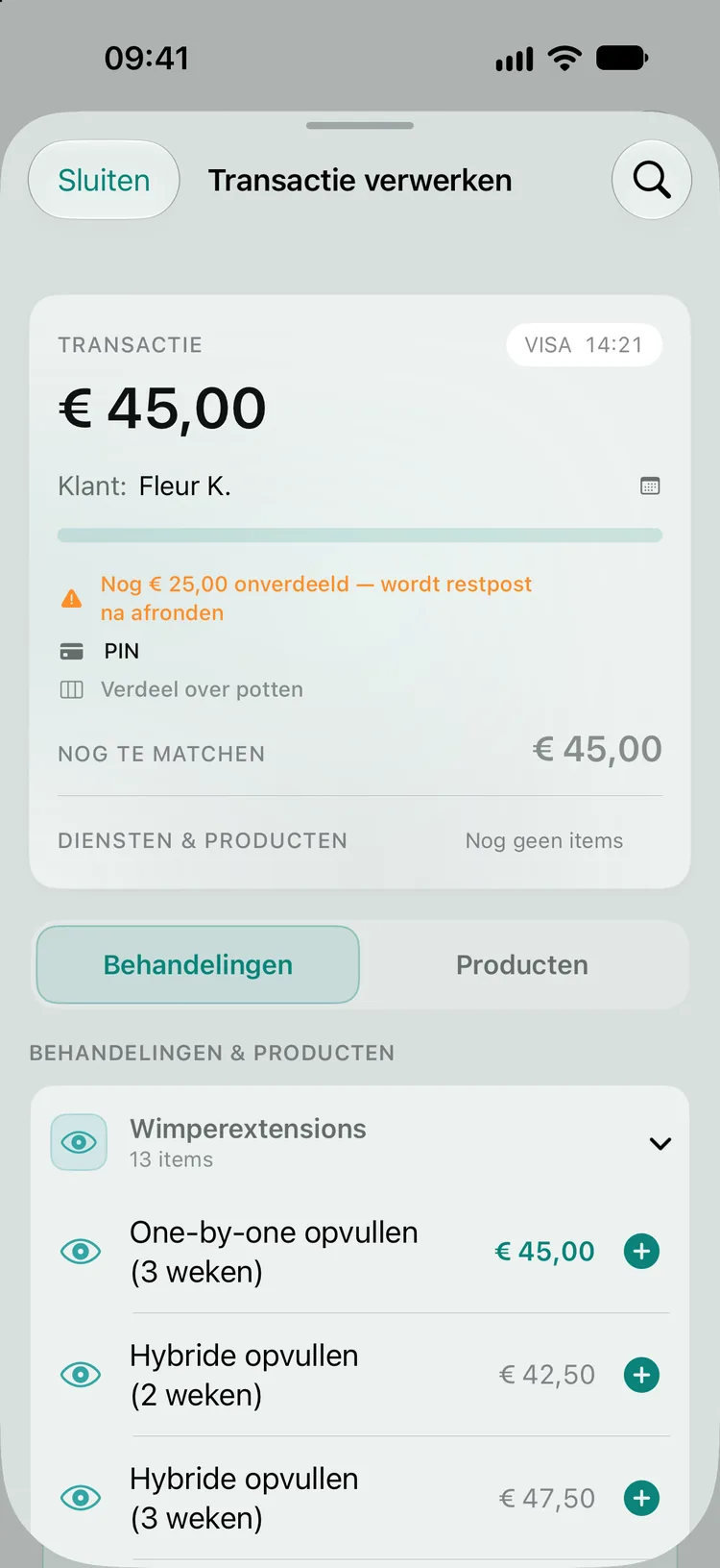 De kiezer bij een betaling van € 45,00: One-by-one opvullen (3 weken) staat bovenaan met de prijs € 45,00 in teal.