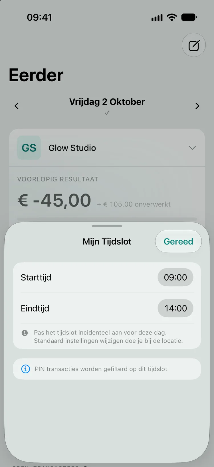 De sheet Mijn Tijdslot met starttijd 09:00 en eindtijd 14:00, de uitleg dat je het tijdslot alleen voor deze dag aanpast, en de regel PIN transacties worden gefilterd op dit tijdslot.